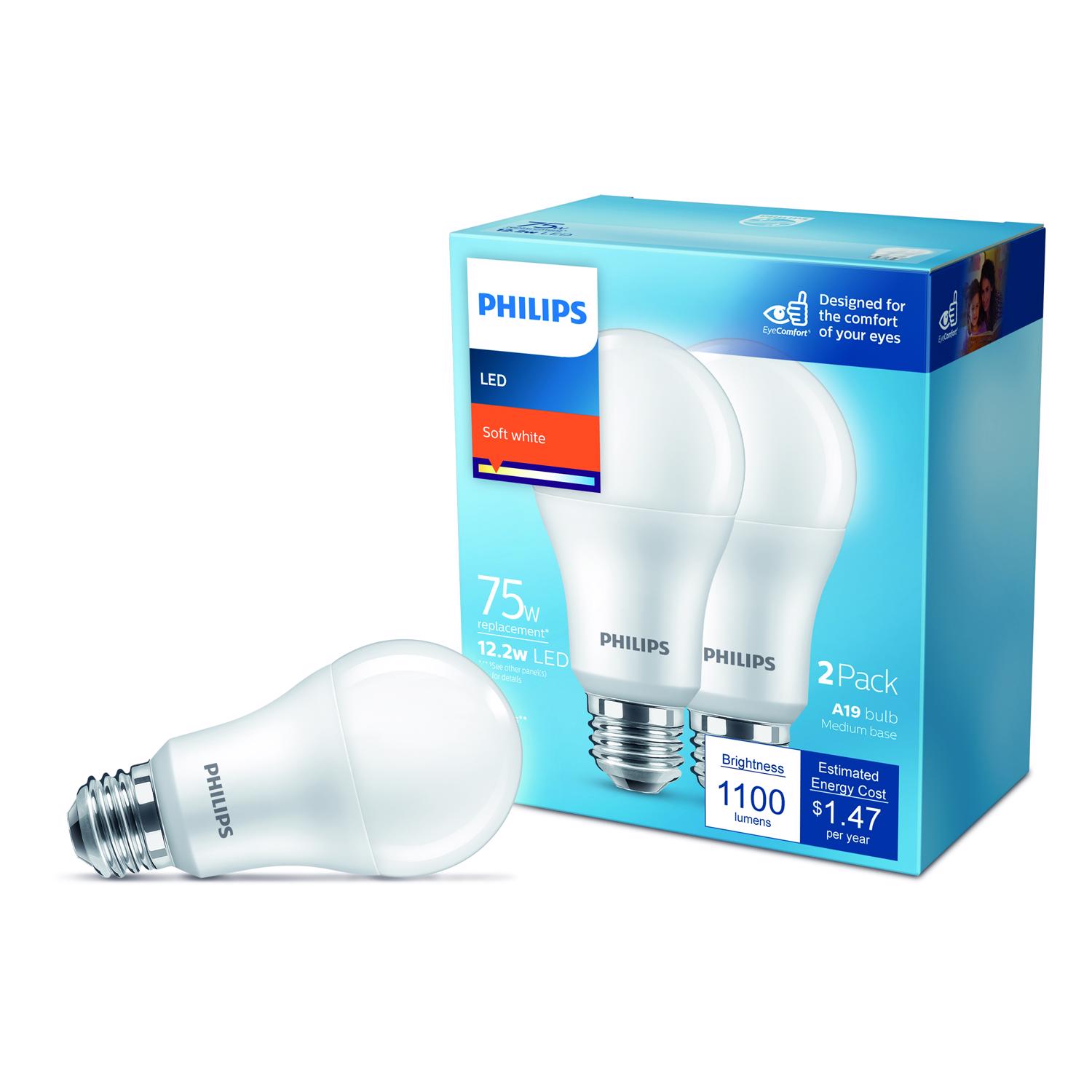 Philips A19 E26 (Medium) LED Bulb Soft White 75 Watt Equivalence 2 pk