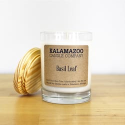 Kalamazoo Candle Company Clear glass jar with white soy wax, wood lid Basil Leaf Scent Basil Leaf, c