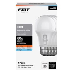 Feit A19 E26 (Medium) LED Bulb Adjustable White 60 Watt Equivalence 4 pk