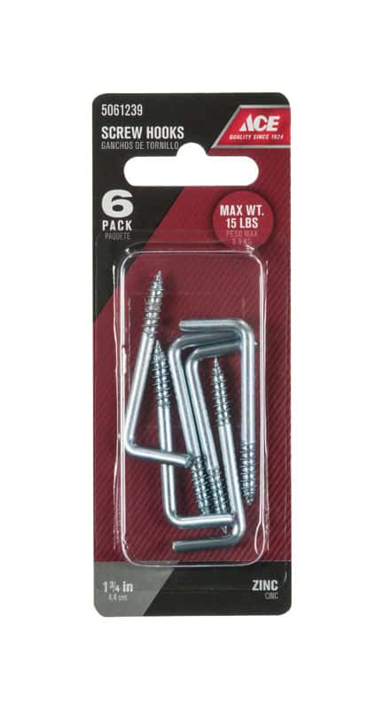 Ace Small Zinc-Plated Silver Steel 1.8125 in. L Square Bend Screw Hook 15  lb 6 pk