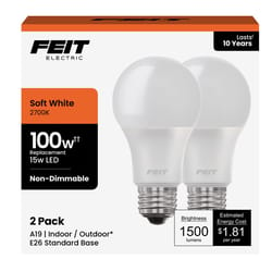 Feit A19 E26 (Medium) LED Bulb Soft White 100 Watt Equivalence 2 pk