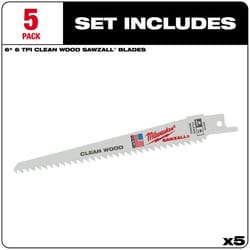 Milwaukee Sawzall 6 in. Bi-Metal Clean wood cutter Reciprocating Saw Blade 6 TPI 5 pk