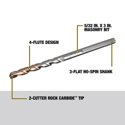 DeWalt 5/32 in. X 3 in. L Carbide Tipped Hammer Drill Bit 3-Flat Shank 1 pk