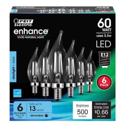 Feit Enhance CA10 (Flame Tip) E12 (Candelabra) Filament LED Bulb Daylight 60 Watt Equivalence 6 pk