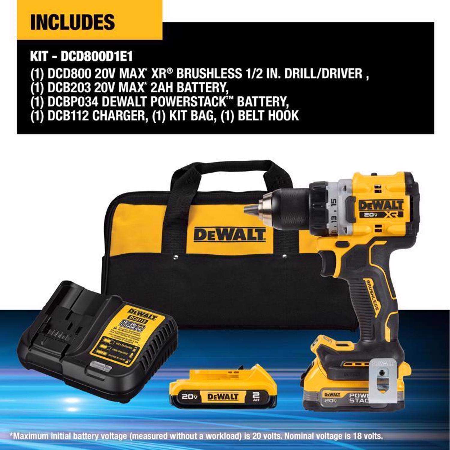 DeWalt 20V MAX XR PowerStack 1/2 in. Brushless Cordless Drill/Driver Kit Battery  Charger) Ace Hardware