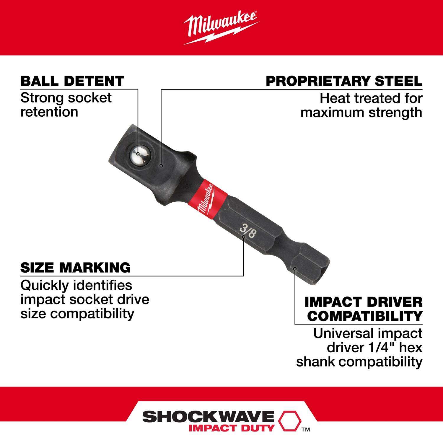 Milwaukee Shockwave Square 3/8 in. X 2 in. L Socket Adapter Steel 1 pc -  Ace Hardware