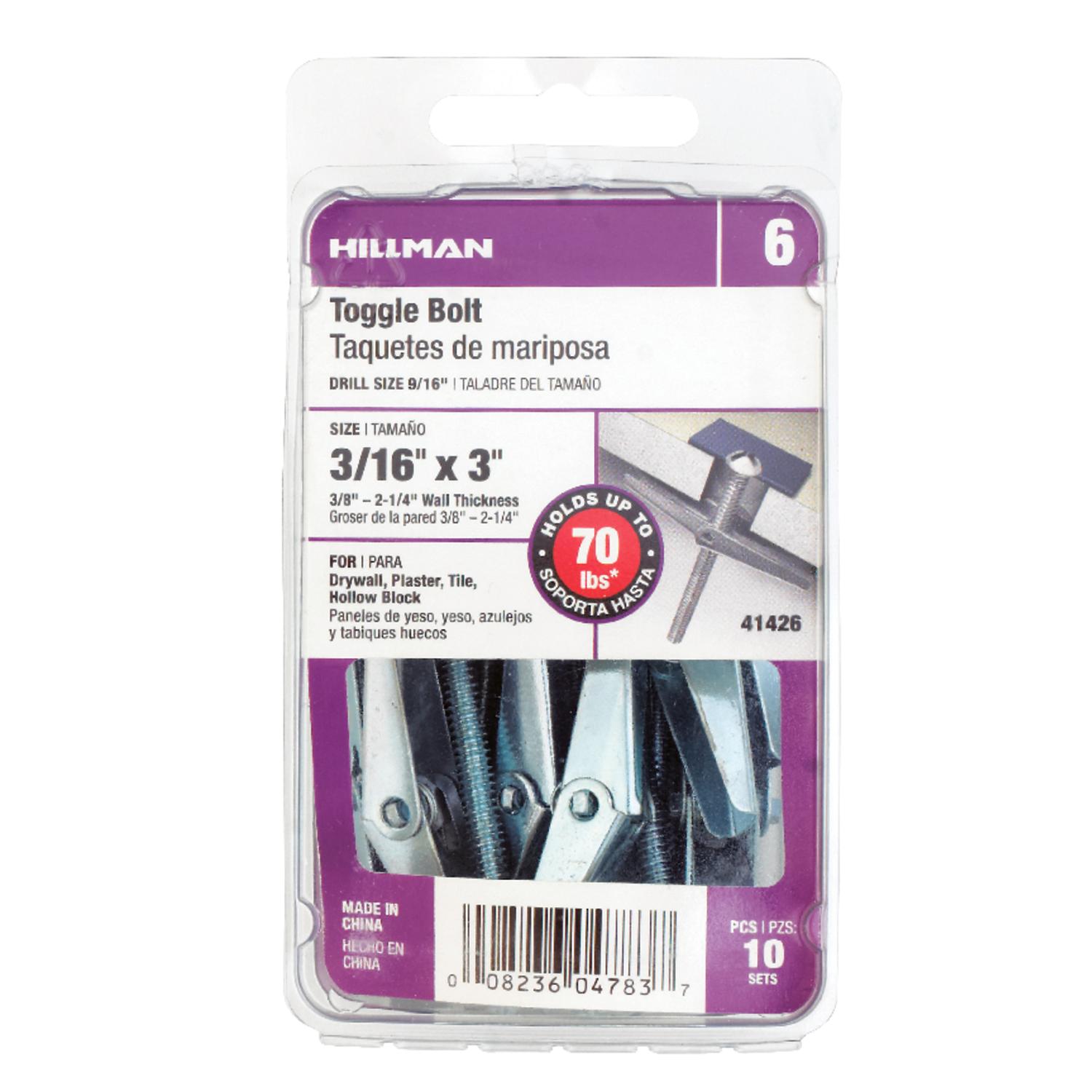 Hillman Fas-N- Tite 3/8 in. D X 6 in. L Round Steel Toggle Bolt 10 pk Hillman Fas-N- Tite 3/8 in. D X 6 in. L Round Steel Toggle Bolt 10 pk