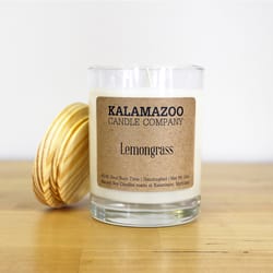 Kalamazoo Candle Company Clear glass jar with white soy wax, wood lid Lemongrass Scent Lemongrass, c