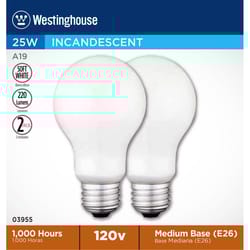 Westinghouse 25 W A19 A-Line Incandescent Bulb E26 (Medium) Soft White 2 pk