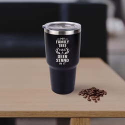 P Graham Dunn 24 oz Black My Family Tree has a Deer Stand in It Tumbler with Lid