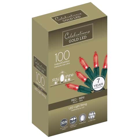 Celebrations Gold LED Mini Red 100 ct String Christmas Lights 33