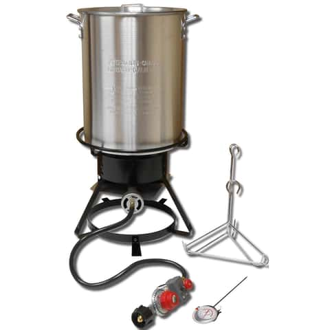 60 QT Dual Turkey Fryer Pot with Drain Valve, Lid & Turkey Rack