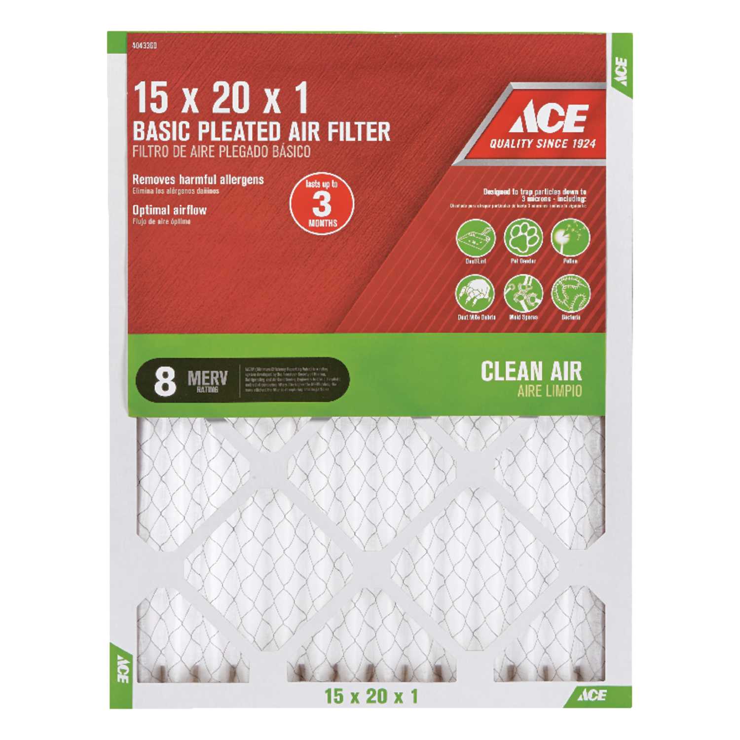 Ace 15 in. W x 20 in. H x 1 in. D Pleated Pleated Air Filter Ace Hardware