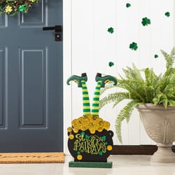 Glitzhome St.Patricks Leprechaun Pot of Gold Porch Decor Wood 1 each