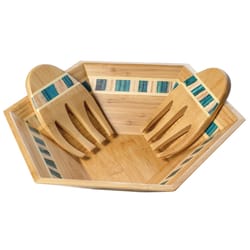 Totally Bamboo Baltique Mumbi Light Blue/Natural Birch Wood Bowl w/Salad Hands Set