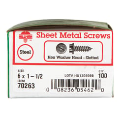 Hillman No. 6 X 1-1/2 in. L Slotted Hex Washer Head Sheet Metal Screws 100 pk