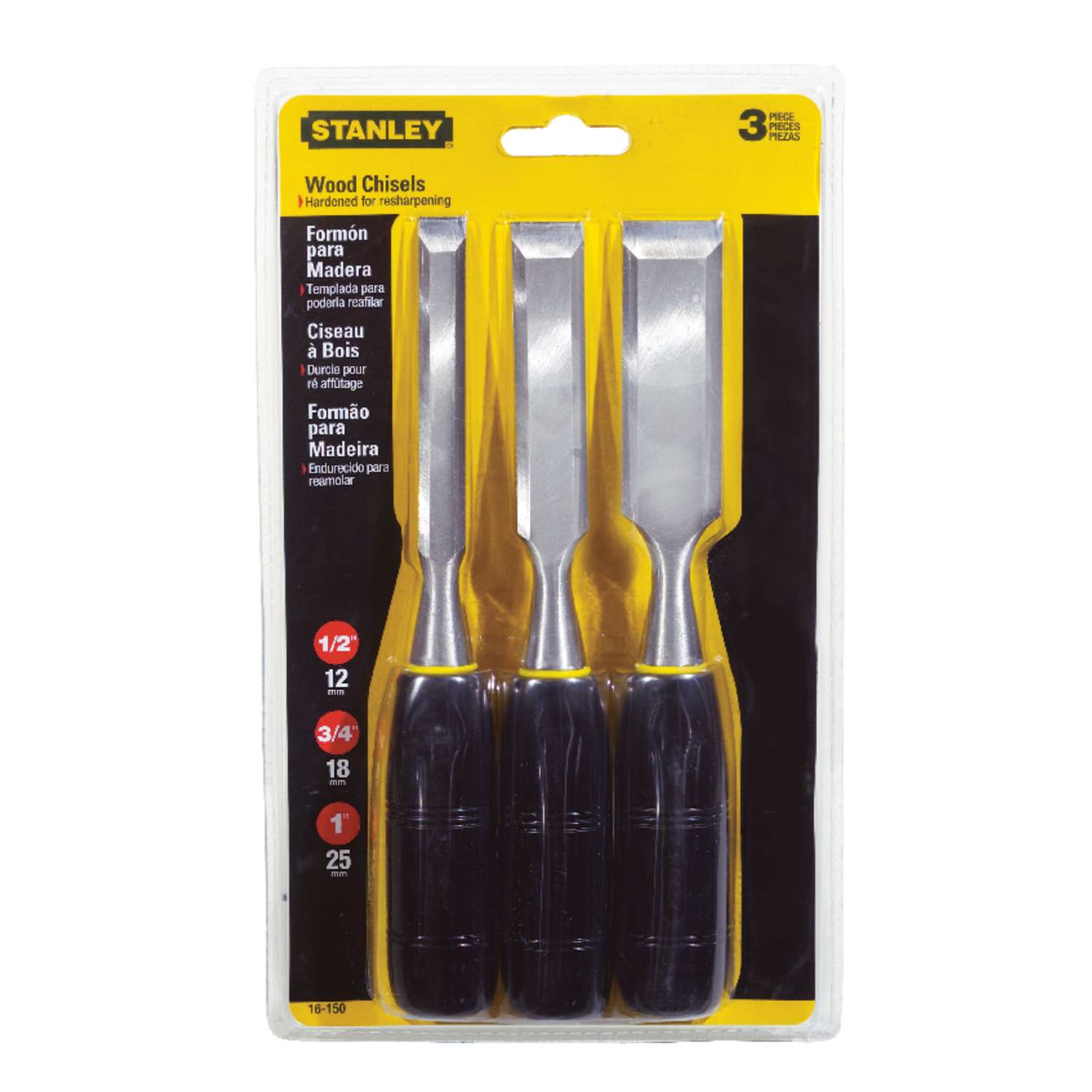 Stanley 150 Series Steel Wood Chisel Set Black/Yellow 3 pc