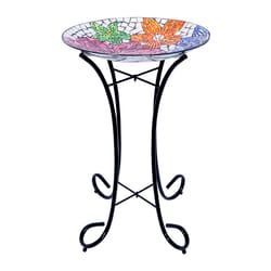 Alpine Multicolored Glass/Metal 23 in. Floral Bird Bath with Stand