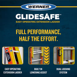 Werner Glidesafe 28 ft. H Fiberglass Extension Ladder Type IA 300 lb. capacity