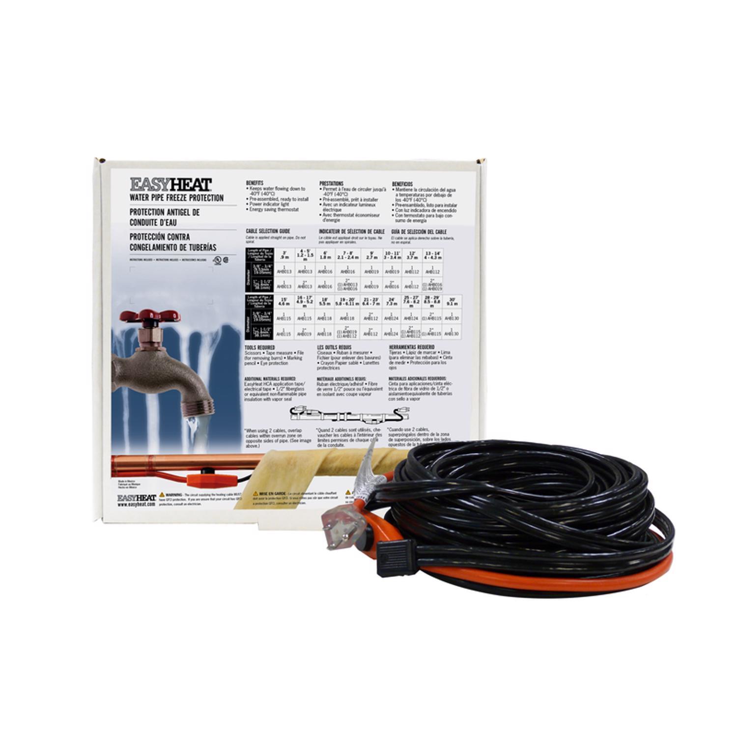 Easy Heat AHB115A Pipe Heating Cable - 15 Ft, 120V, 7 Watts/ft With Thermostat | Prevents Freezing Down To -40°F