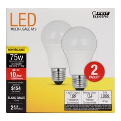 Feit A19 E26 (Medium) LED Bulb Soft White 75 Watt Equivalence 2 pk