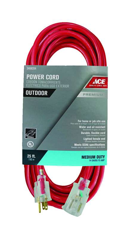 Ace Outdoor 25 ft. L Red Extension Cord 14/3 SJTOW - Ace Hardware