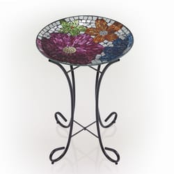 Alpine Multicolored Glass/Metal 23 in. Floral Bird Bath with Stand