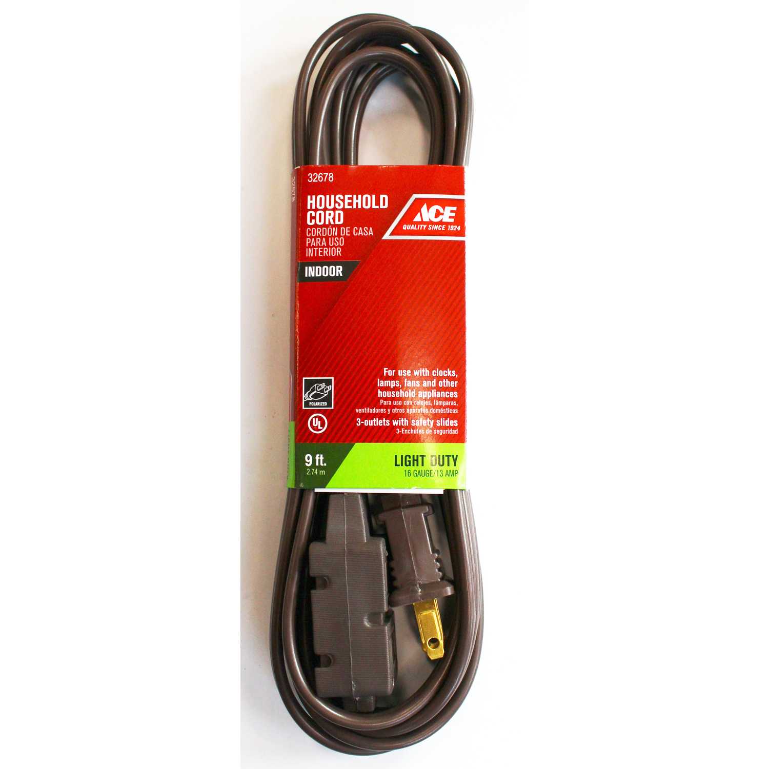 Ace Indoor 9 ft. L Brown Extension Cord 16/2 SPT2 Ace