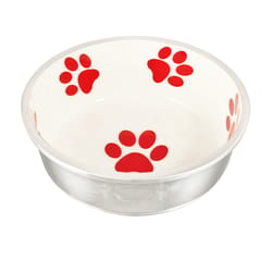 Loving Pets Robusto Ivory Red Dog Paws Aluminum/Ceramic 12 cups Pet Bowl For Dog