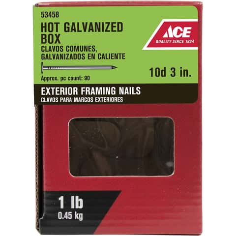 Ace 10D 3 in. Box Hot-Dipped Galvanized Steel Nail Flat Head 1 lb Ace 10D 3 in. Box Hot-Dipped Galvanized Steel Nail Flat Head 1 lb