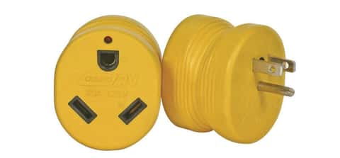 Camco Power Grip Camper/RV 30AM/15AF Electrical Adapter, Easy Connection  of Standard 30-Amp Power Pedestals to Fit a Standard Residential Plug, Allows for Easy Outlet Removal (55233),Yellow