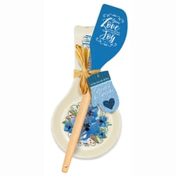 Divinity Floral Blue Ceramic/Wood Spoon Rest/Spatula Gift Set