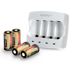 Tenergy Lithium Ion CR123A 3.7 V 650 mAh Rechargeable Batteries and Charger Set 4 pk