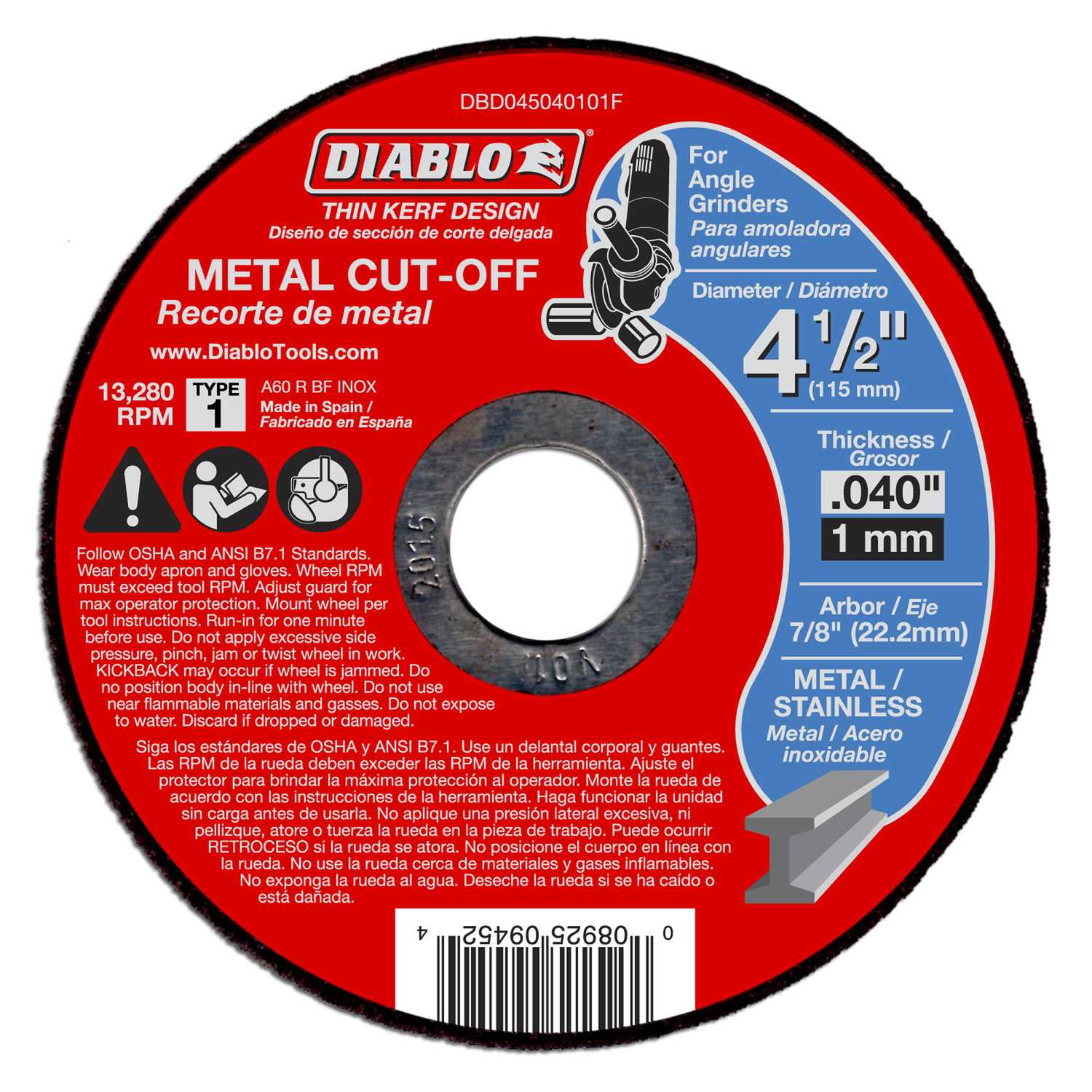 Diablo 41/2 in. Dia. x 7/8 in. Aluminum Oxide Metal CutOff Disc 1 pk