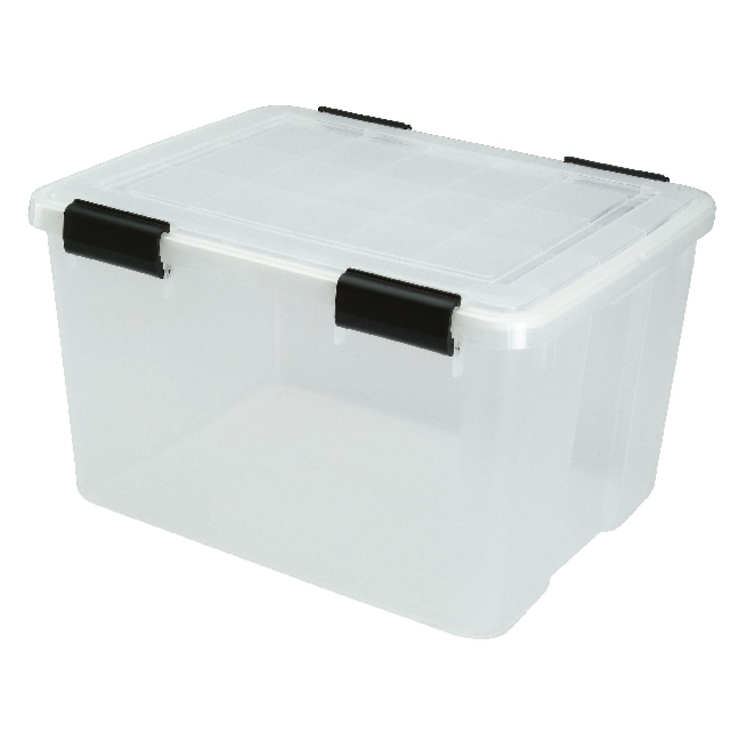 black lidded storage boxes