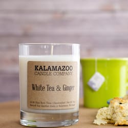 Kalamazoo Candle Company Clear glass jar with white soy wax, wood lid White Tea & Ginger Scent White