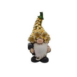Luxe Light Decor Multicolored Polyresin 9.6 in. H Gnome w Yellow Multi Flower Hat N Shovel Statue