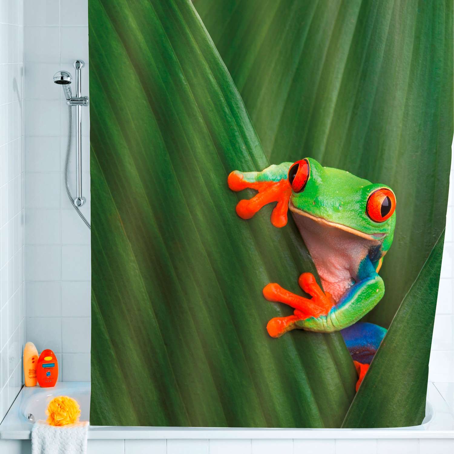 Wenko 79 in. H X 71 in. W Green Frog Shower Curtain W/Hooks Polyester