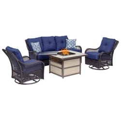 Hanover Orleans 4 pc Chocolate Brown Steel Fire Pit Lounge Set Navy Blue