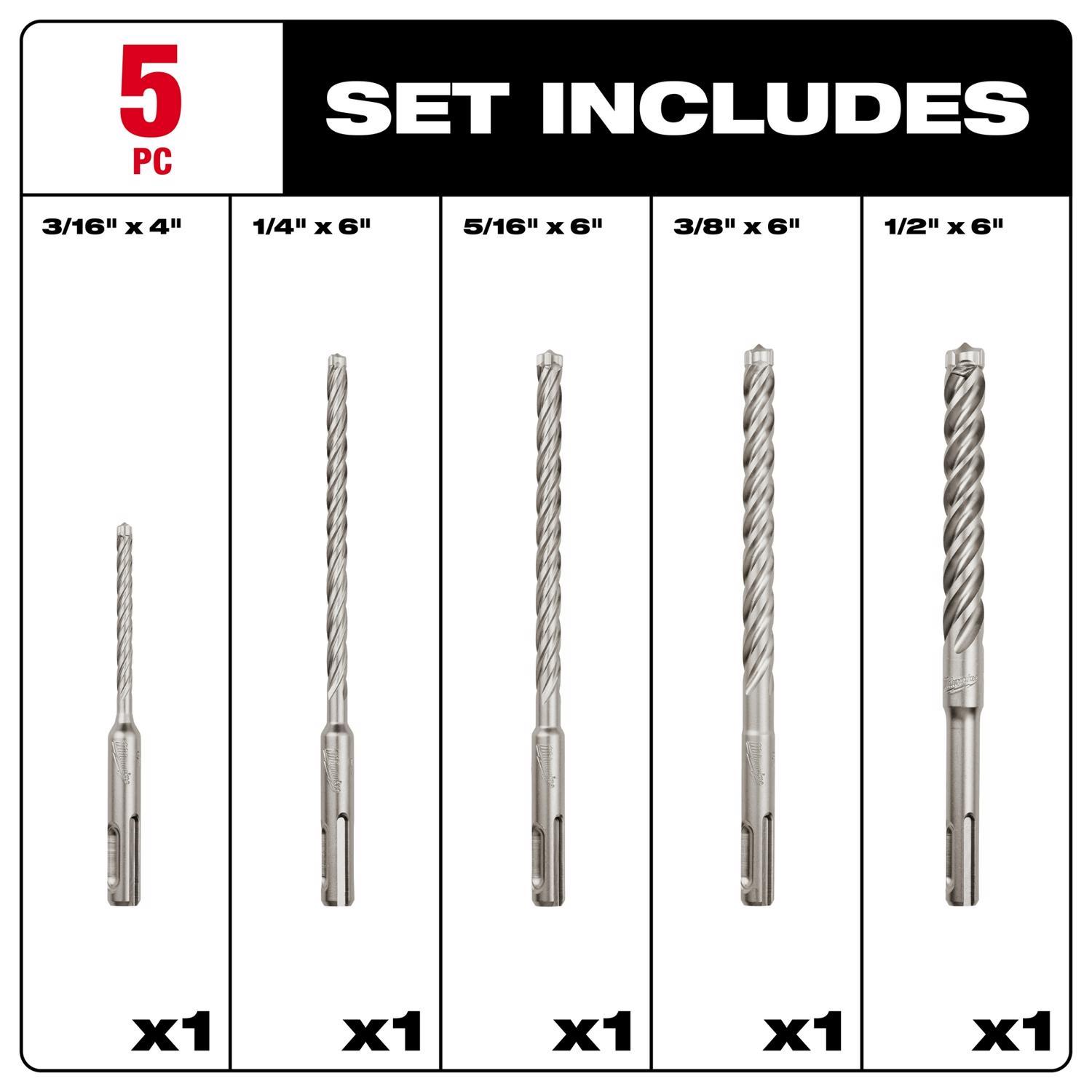 Max-Craft SDS Plus Rotary Hammer Drill Bits - 3/8 X 8 Inch, 10 Pcs Carbide Tipped Masonry Concrete Set