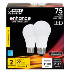 Feit Enhance A19 E26 (Medium) LED Bulb Bright White 75 Watt Equivalence 2 pk