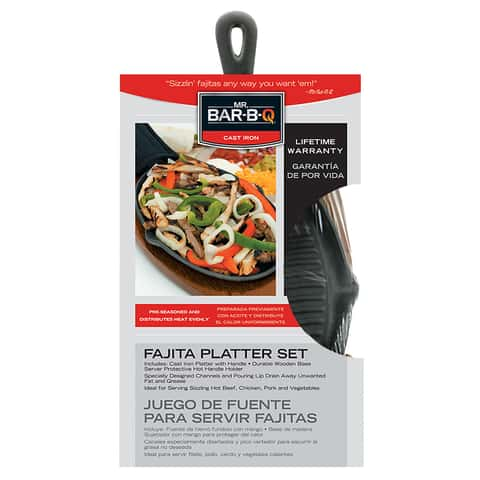  Mr. Bar-B-Q Cast Iron Fajita Skillet Set, Sizzling Plate with  Wooden Base and Cloth Handles