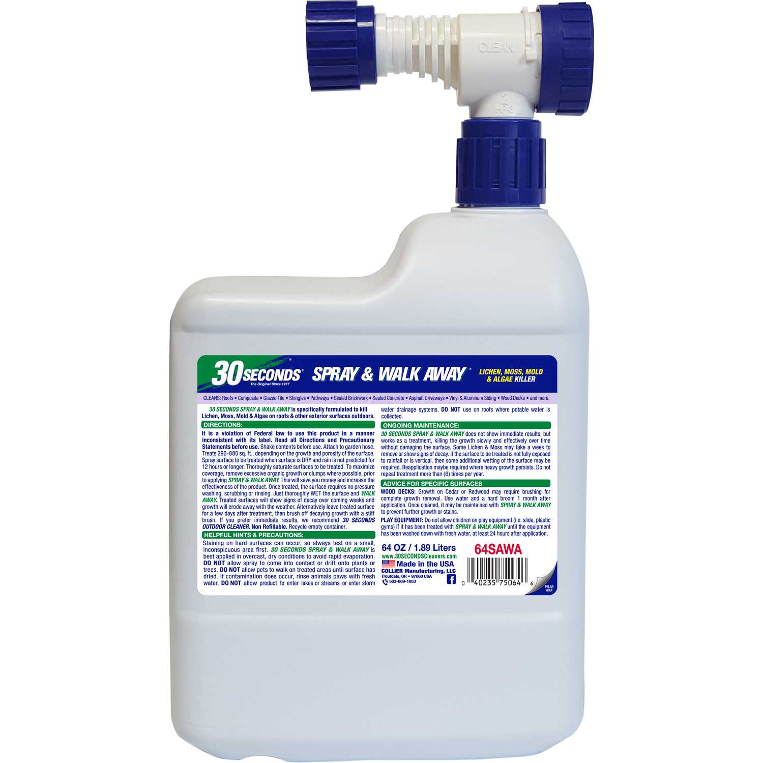 30 SECONDS Spray & Walk Away Lichen, Moss, Mold, Algae Killer 64 oz