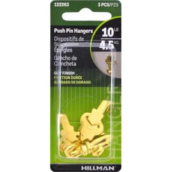 HILLMAN Brass-Plated Gold Push Pin Picture Hook 10 lb 3 pk