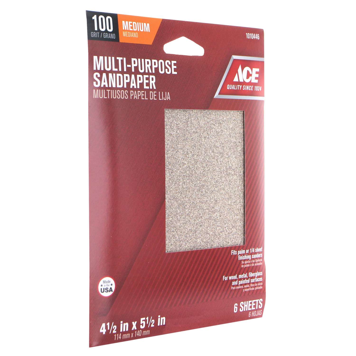 Ace 51/2 in. L x 41/2 in. W 100 Grit Aluminum Oxide 1/4 Sheet
