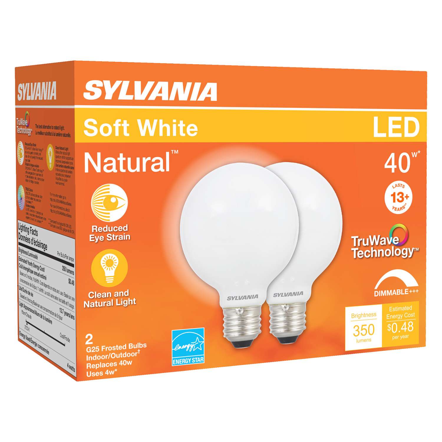 Sylvania Natural G25 E26 (Medium) LED Bulb Soft White 40 Watt Equivalence 2 pk Ace Hardware
