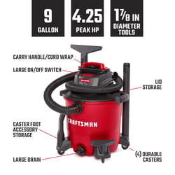 Craftsman 9 gal Corded Wet/Dry Vacuum 8.3 amps 120 V 4.25 HP