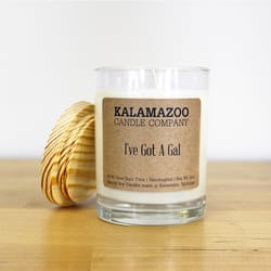 Kalamazoo Candle Company Clear glass jar with white soy wax, wood lid I've Got a Gal Scent Ive Got a