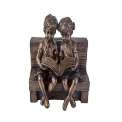Smart Solar Resin Brown 10 in. Boy & Girl Reading a Book Statue