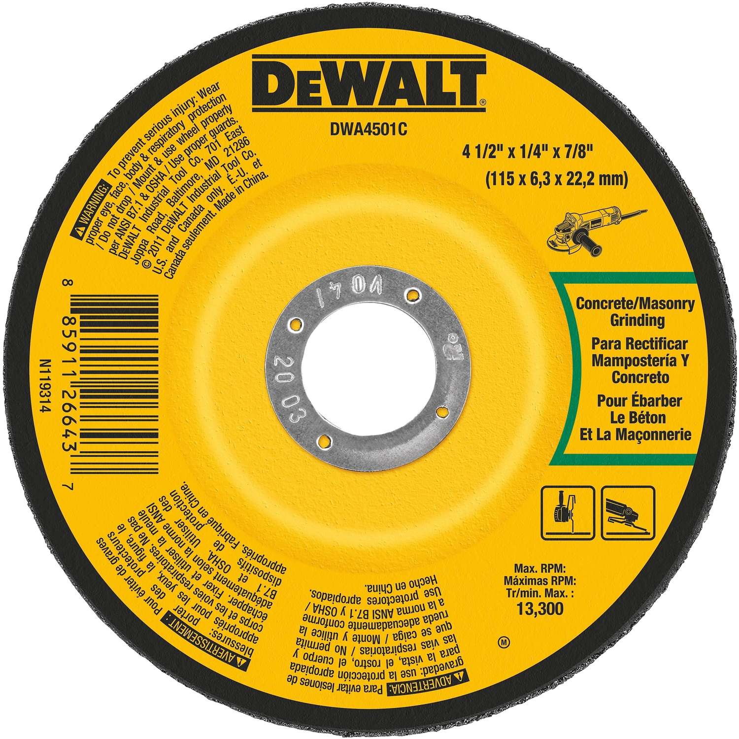 DeWalt 41/2 in. Dia. x 1/4 in. thick x 7/8 in. Masonry Grinding Wheel